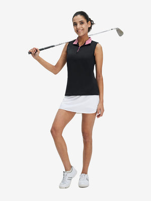 Front full body shot of model exercising in black women's athletic quarter zip tank tops