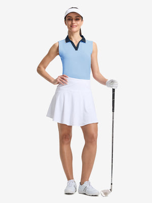 Front full body shot of model exercising in light blue women's collared v neck quick dry tank tops
