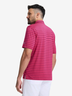 Back upper body shot of model wearing beetroot purple/charcoal htr non-curl ribbed collar striped polo shirts