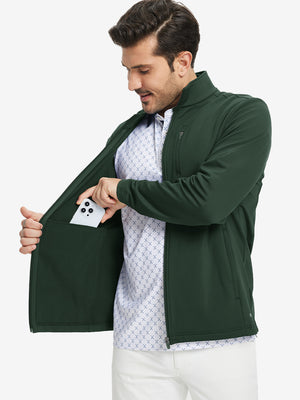 Close-up of hand in pocket on lightweight casual fleece jacket with 5 pockets, forest green fabric detail