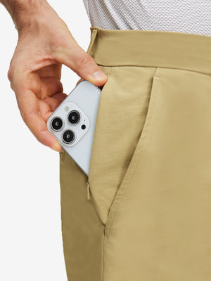 Detail view of inner front pocket on khaki flat front flex cotton blend golf shorts