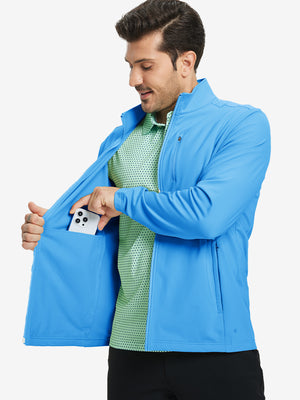 Close-up of hand in pocket on lightweight casual fleece jacket with 5 pockets, sky blue fabric detail