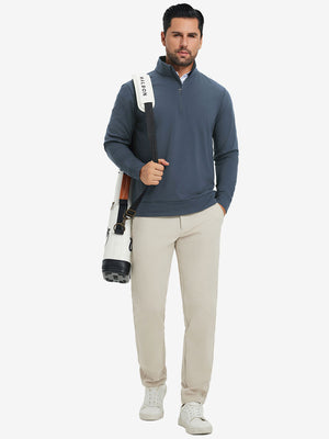 Ultra-Soft Brushed Fleece Lining Quarter Zip Sweatshirt in bluish grey, model carrying tennis bag