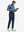 Front full body shot of model exercising in classic blue/airy blue non-curl ribbed collar striped polo shirts