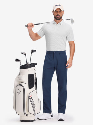 Front full body shot of model wearing light grey white comfy breathable pin-stripe texture golf polos