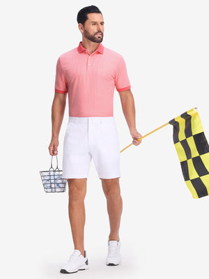 Front full body shot of model exercising in brick red moisture wicking jacquard golf shirts