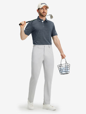 Front full body shot of model wearing dark blue classic lightweight jacquard golf shirts