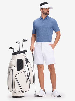 Front full body shot of model wearing light blue navy comfy breathable pin-stripe texture golf polos