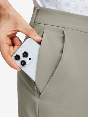 Detail view of double pockets on khaki grey stretch cotton blend slim fit golf trousers 5 pockets