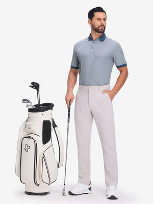 Front full body shot of model exercising in misty blue moisture wicking jacquard golf shirts