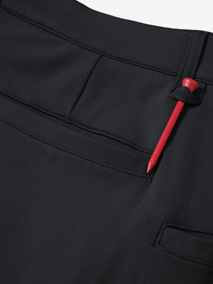 Waistband detail of soft lightweight casual golf pants with 5 pockets in black, neat stitching.