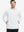 Model with one hand in pocket, wearing classic heather pullover hoodie in white, relaxed look.