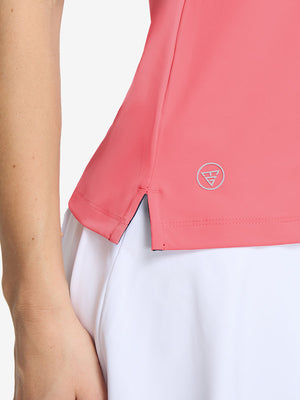 Detail view of hem on pink women's collared v neck quick dry tank tops