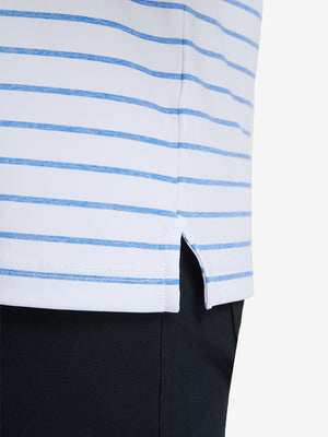 Detail view of hem on white/cabana swim heather non-curl ribbed collar striped polo shirts