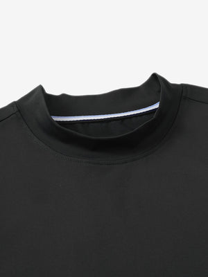 Detail view of mock neck on black women's moisture-wicking mock neck sleeveless golf tops