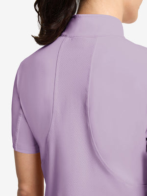 Detail view of back design on pinkish purple women's breathable 1/4 zip pullover golf shirts