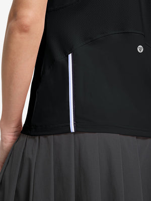 Detail view of hem design on black women's breathable 1/4 zip pullover golf shirts
