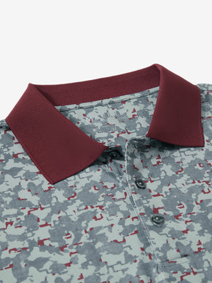 Detail view of collar on grey/wine camo premium ribbed collar print polo shirts