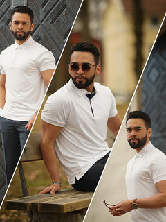 Model wearing the Everyday Classic Solid Polo, showcasing the outfit