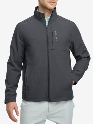 Model in dark grey Softshell Jacket, front half-body view from nose down – sharp and polished look