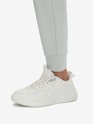 Detail view of hem on silver gray women's lightweight athletic sweatpants