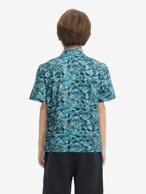 Back upper view of Stylish print boys polo shirts with clean lines and dark green leaf tone