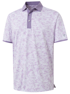 3d view of garment in violet frost flowers of stylish full print contrast collared golf polo shirts.