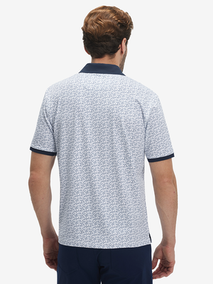 Back upper body shot of model wearing navy antlers stylish full print contrast collared golf polo shirts