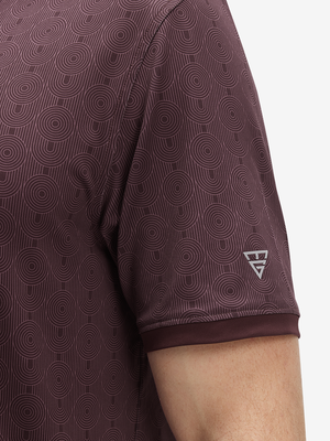Detail view of cuff on dark red lines stylish full print contrast collared golf polo shirts