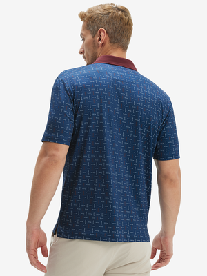 Back half-body of model in red white golf club lightweight stretch upgraded print golf polo shirts